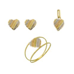 Conjunto De Ouro 18k Coração Diamantado Tricolor