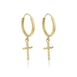 Brinco De Ouro 18k Argola Com Pingente Cruz - 1028... - Fábrica do Ouro ®