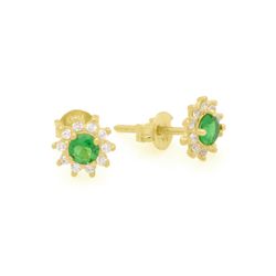 Brinco De Ouro 18k Flor Verde de Zircônias - 10320... - Fábrica do Ouro ®