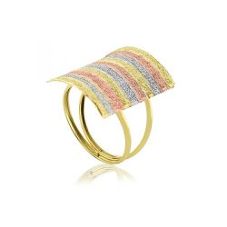 Anel De Ouro 18k Tricolor Retangular Diamantado - ... - Fábrica do Ouro ®️