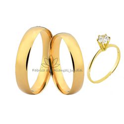 Par de Aliança com Solitário em Ouro 18K para Noivado - MM-121-S-14 - Fabrica das Alianças Jundiai