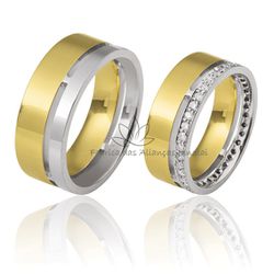 Aliança em Ouro Amarelo e Branco Cravejada com Diamantes - JR-15 - Fabrica das Alianças Jundiai