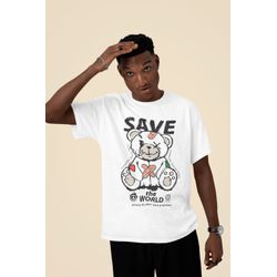 Camiseta Unissex em Algodão Estampa Urso Save Branca - F Brazil Store