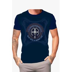 Camiseta Unissex Medalha de São Bento Azul Marinho. GCA1393 - GCA1393 - Face de Cristo | Moda Cristã