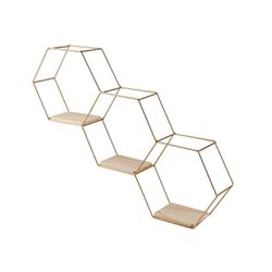 NICHO METAL/MDF HEXAGONAL 3PRAT 58X10X40CM DOURADO - Fechacom