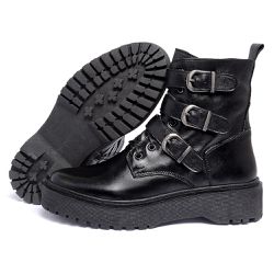 Bota Coturno Feminino Ferrile em Couro Com Fivelas... - Ferrile