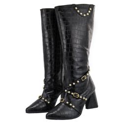 Bota Feminina Cano Longo Salto Triângulo 23019 Croco Preto