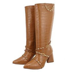 Bota Feminina Cano Longo Salto Triângulo 23019 Croco Whisky