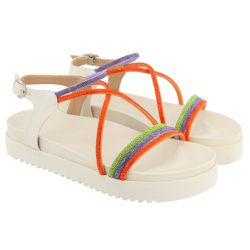 Sandália Papete Flatform Feminina Brilho Com Tiras De Strass Off White Colorida 199057