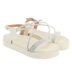 Sandália Papete Flatform Feminina Brilho Com Tiras De Strass Off White 199057