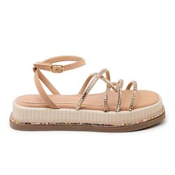 Sandália Feminina Papete Flatform Nude Strass 2341... - Flor da Pele Calçados Femininos