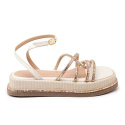 Sandália Feminina Papete Flatform Off White Strass... - Flor da Pele Calçados Femininos