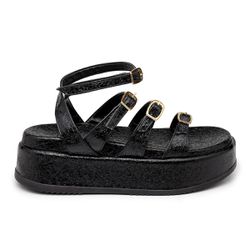 Sandália Papete Flatform Napa Essense Preto Tiras ... - Flor da Pele Calçados Femininos