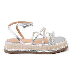 Sandália Feminina Papete Flatform Prata Strass 234... - Flor da Pele Calçados Femininos