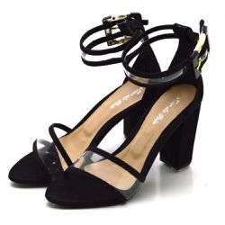 Sandália Salto Alto Grosso Com Transparente Preto - Flor da Pele Calçados Femininos