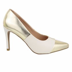 Scarpin Salto Fino Duo Off White com Ouro 5550 - Flor da Pele Calçados Femininos