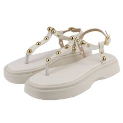 Sandália Papete Flat Feminina Em Napa Off White com Detalhes 23310 