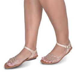 Sandália Rasteira em Couro Nude strass - Flor de Couro | Sandálias e Botas Femininas