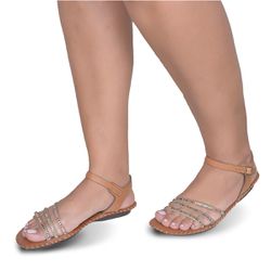 Sandália Rasteira em Couro Whisky Strass - Flor de Couro | Sandálias e Botas Femininas