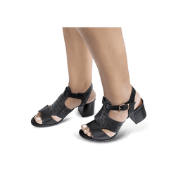 Sandália de Salto em Couro Preto - Flor de Couro | Sandálias e Botas Femininas