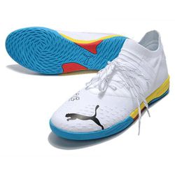 Chuteira Futsal Branca (azul/amarelo) - 4561 - CATALOGO