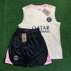 Conjunto Treino Regata + Short PSG 24/25 - Bege/Ro... - Tailandesas Atacado