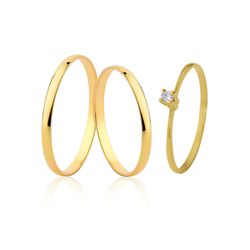 Kit Par de Alianças e Solitario com Diamantes - Kit-01 - Fort Joias.com.br