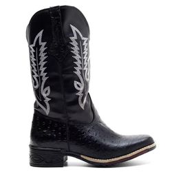 Bota Texana Feminina Couro Avestruz Imit Preto e E... - FRANCABOOTS 