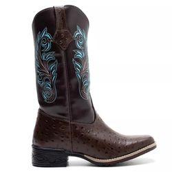 Bota Texana Feminina Couro Avestruz Imit Cafe e Ec... - FRANCABOOTS 