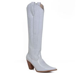 BOTA TEXANA FEMININA CANO LONGO COURO VERNIZ BRANC... - FRANCABOOTS 