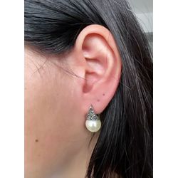 Brinco de Perola Lady Day com Marcassita Prata 925... - GALA JOIAS