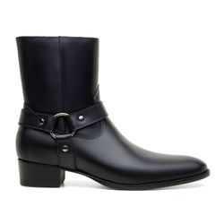 bota masculina em couro com zíper lateral fivela argola metal cano alto salto médio