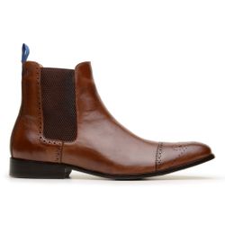 bota chelsea masculina em couro legítimo com elásticos laterais biqueira cap-toe brogue sola de couro marrom claro gianno