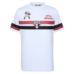 Camiseta Branca com Faixa Vermelha e Preta e Estampa do Santo Paulo