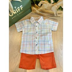 Conjunto Bata Listrada Menino + Bermuda Linho - 12... - GRIFF BABY