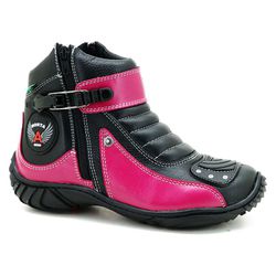 Bota Motociclista Cano Curto Preta e Pink Em Couro... - J Calçados