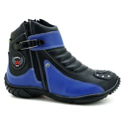Bota Motociclista Cano Curto Preta e Azul Em Couro... - J Calçados