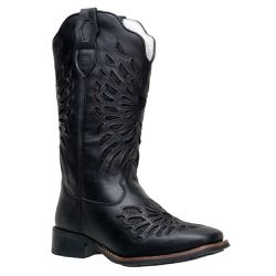 Bota Texana Feminina Bico Quadrado Couro Fóssil Pr... - JM Country