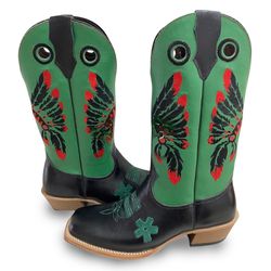 Bota Texana Carrapeta Couro Mustang Preto e Verde ... - JM Country