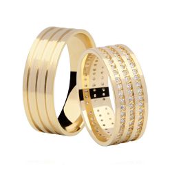 Alianças de Casamento de Ouro 7.5mm com Frisos e Zircônias Alexandria - AL617 - AL617 - Joias Ditalia