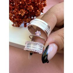 574 - Combo + Trio Alianças de Prata Luziânia 8mm Solitário Rosa - Joias MB Loja Oficial