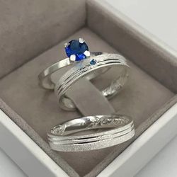 585 - Combo + Trio Alianças de Prata São Vicente 3,5mm Solitário Azul - Joias MB Loja Oficial
