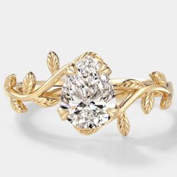 3394 - Anel de Noivado Dourados Sintético em Formato de Pera e Detalhes em Folhas - Joias MB Loja Oficial