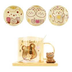 Xícara de Vidro com Colher e Porta Copo ursinhos -... - Kitsune kawaii store