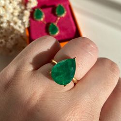 Anel Gota Verde Esmeralda Aro Ajustável - LACARMEN