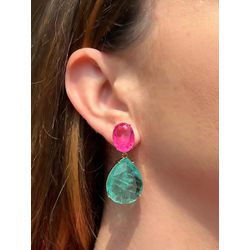 Brinco 2 em 1 Oval e Gota Turmalina e Pink Fusion - LACARMEN