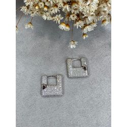 Argola Quadrada Cravejada Cristal Ródio Branco - LACARMEN
