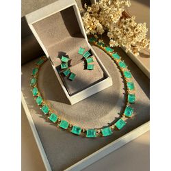 Conjunto Brinco e Colar Retangular Turmalina Ouro - LACARMEN