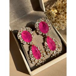 Brinco Luxo Pink Zircônias Cristal Ouro - LACARMEN