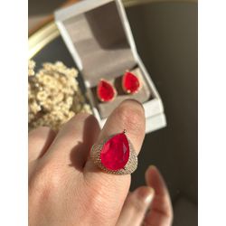 Conjunto Luxo Brinco e Anel Gota Cherry Ouro. - LACARMEN